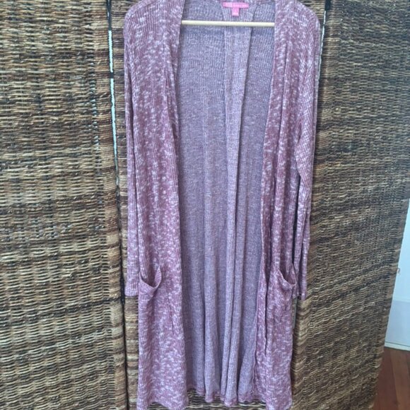 Hale Bob Cardigan Sweater Women's Large Open Long Line Duster Pockets Red Cream - Picture 2 of 6